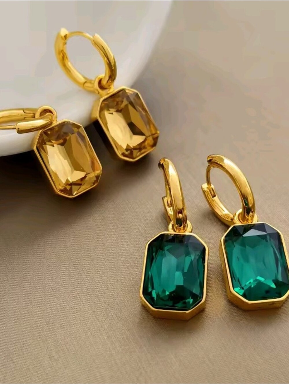 Gold Hoops with Amber Gem Drop - Picture 9 of 9